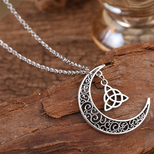 Silver jewelry,Moon Silver Hollow Alloy Detail Necklace
