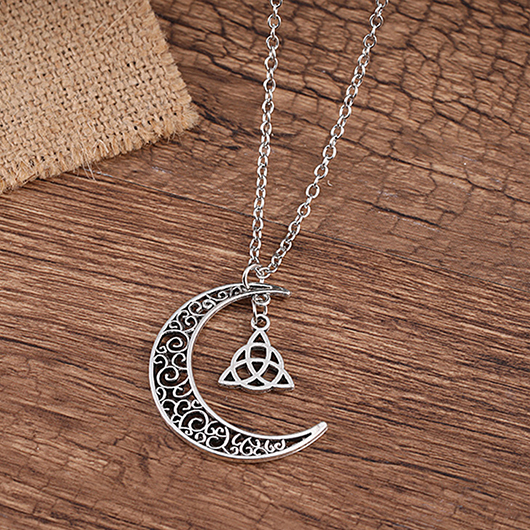 Silver jewelry,Moon Silver Hollow Alloy Detail Necklace