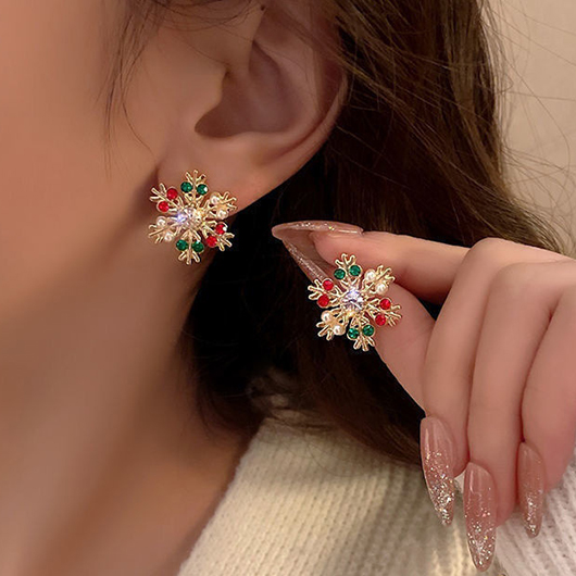 Gold jewelry,Gold Snowflake Artificial Rhinestones Alloy Detail Earrings