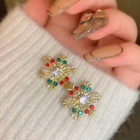 Gold jewelry,Gold Snowflake Artificial Rhinestones Alloy Detail Earrings