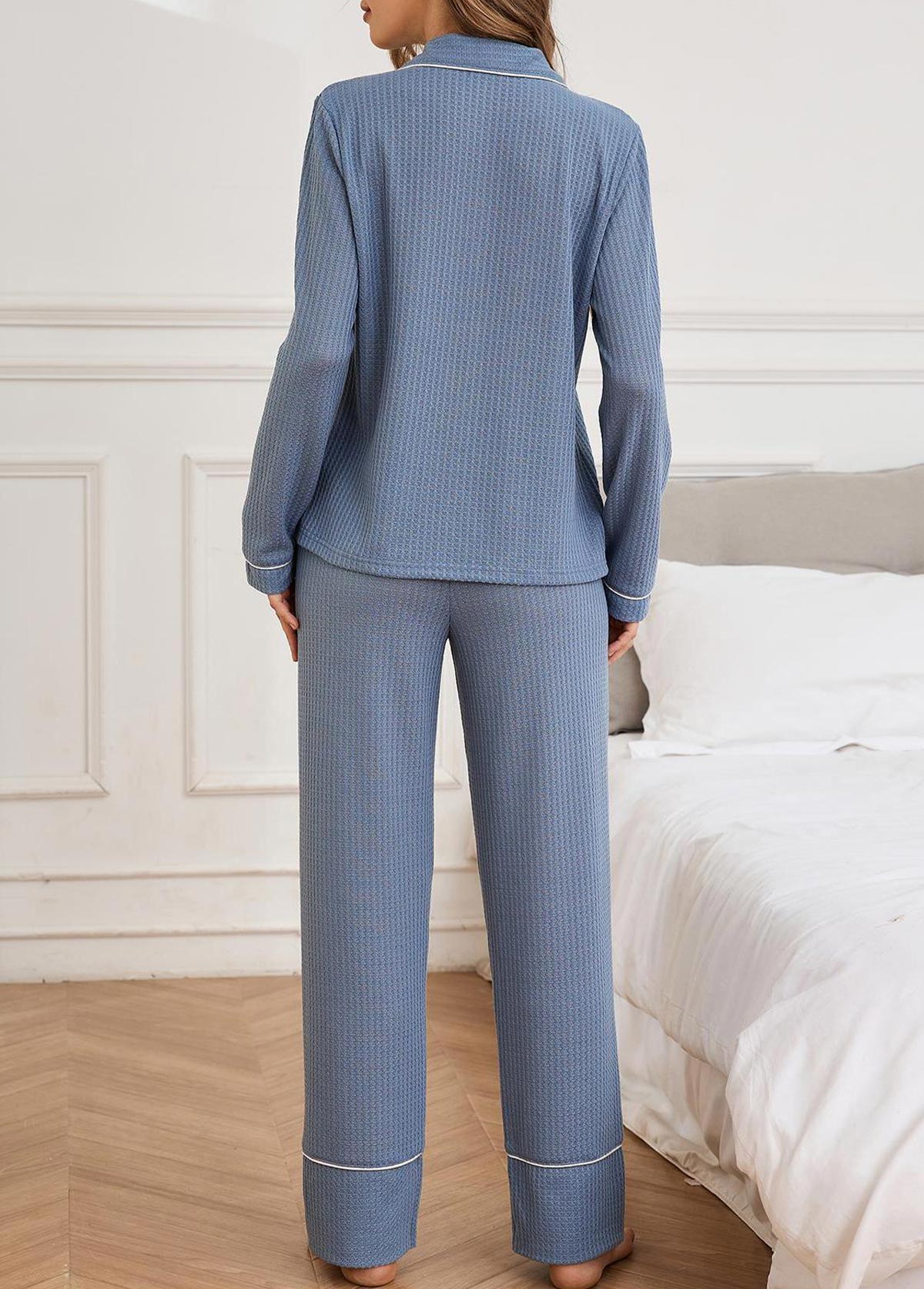 Dusty Blue loungewear,Contrast Color loungewear,Dusty Blue Shirt Collar Lounge Top and Pants