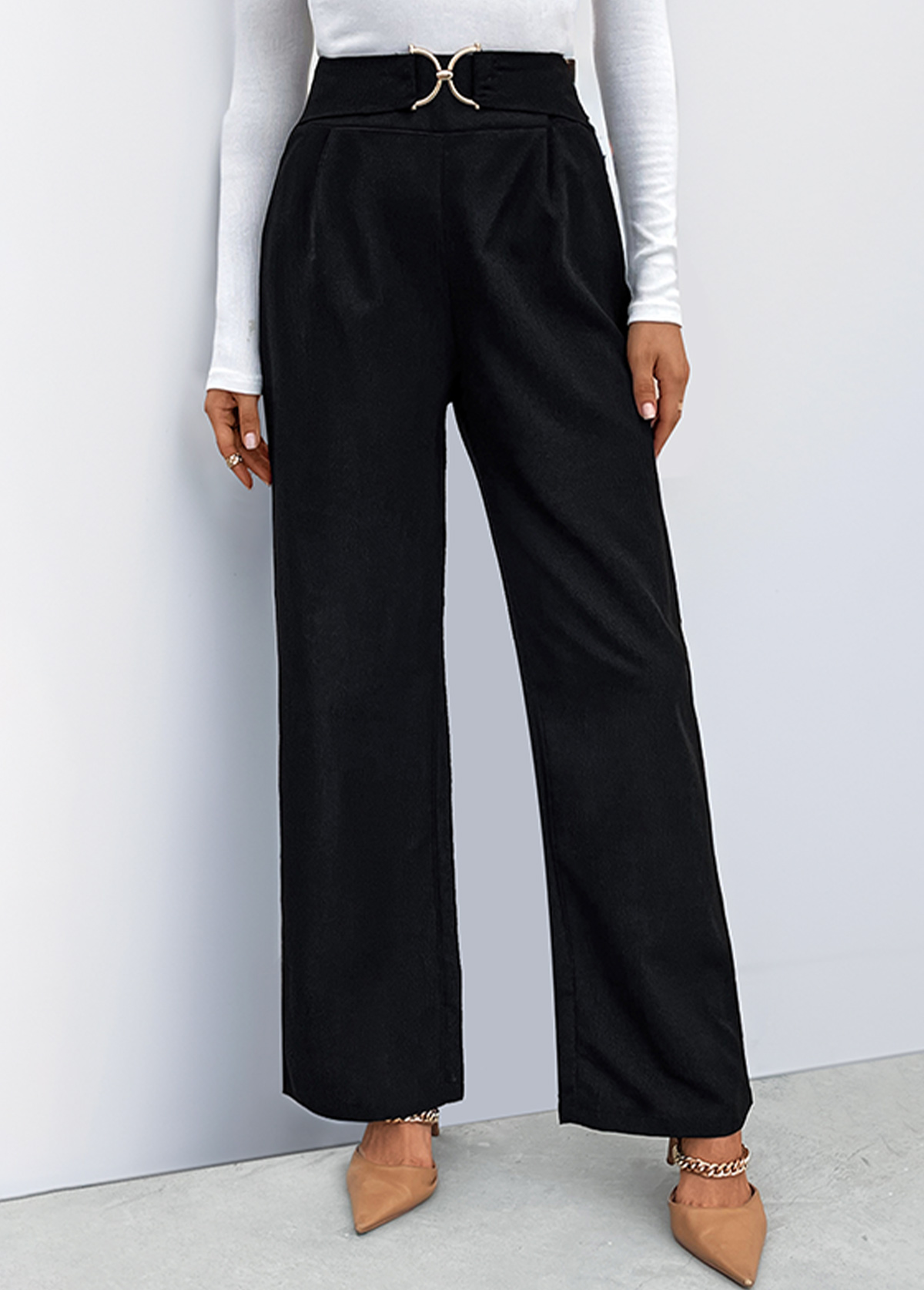 Black bottoms,Plain Color bottoms,Black Straight Leg Zipper Fly High Waisted Pants