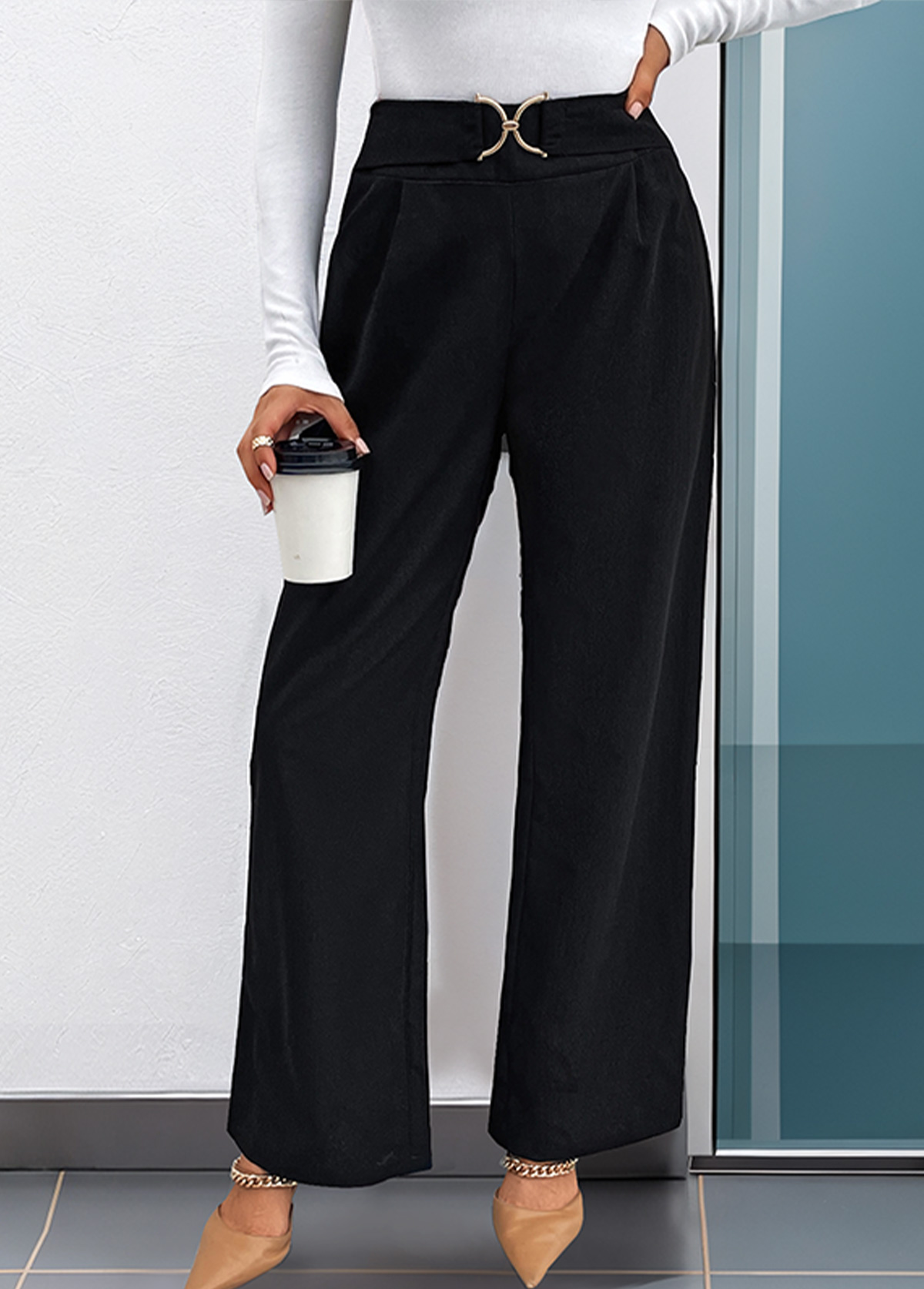 Black bottoms,Plain Color bottoms,Black Straight Leg Zipper Fly High Waisted Pants
