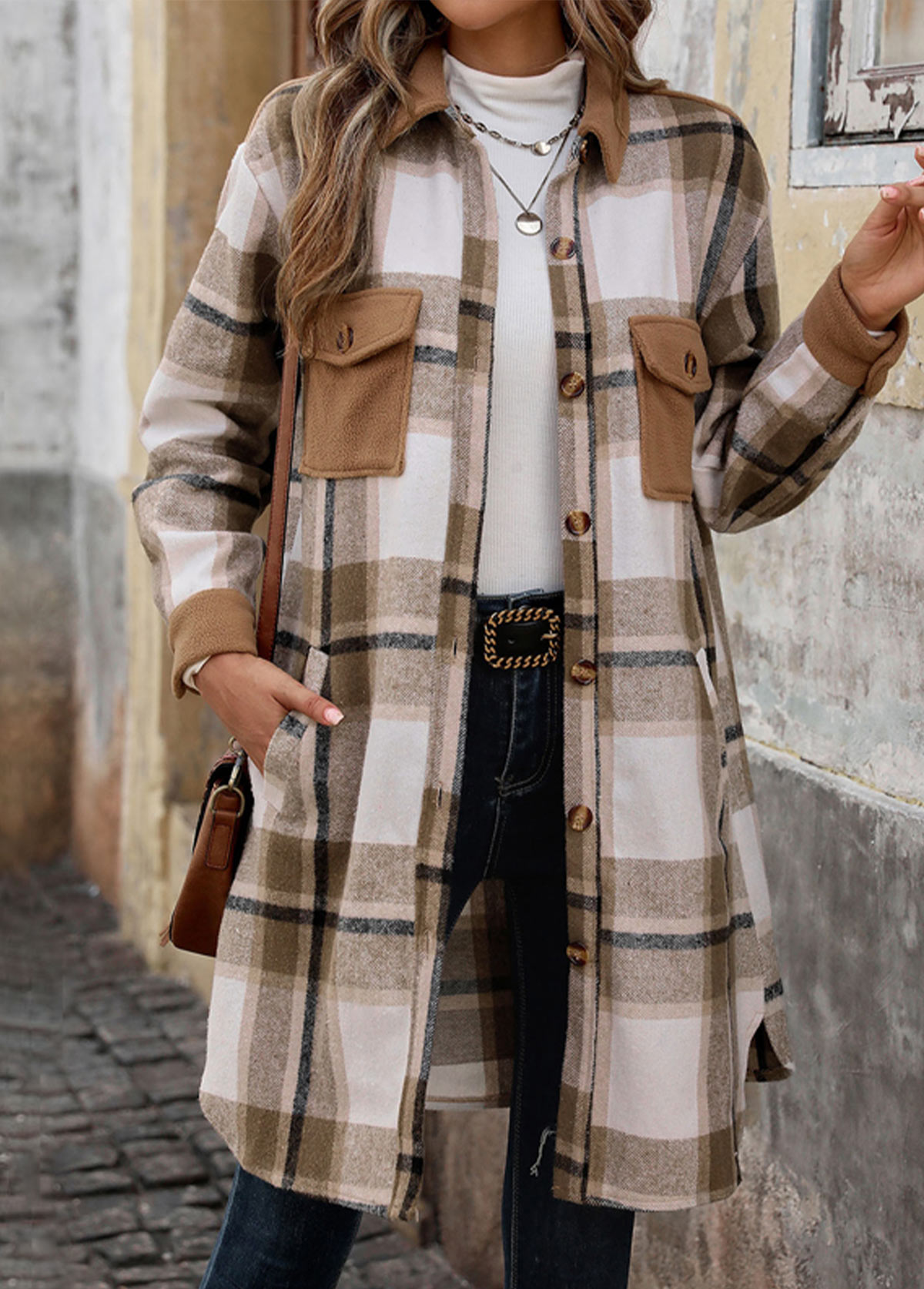 Light Coffee tops,Plaid tops,Geometric tops,Button Plaid Light Coffee Turn Down Collar Coat