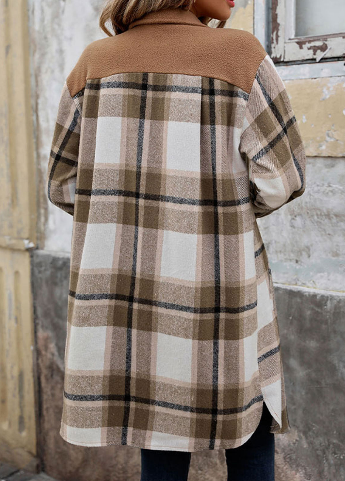 Light Coffee tops,Plaid tops,Geometric tops,Button Plaid Light Coffee Turn Down Collar Coat