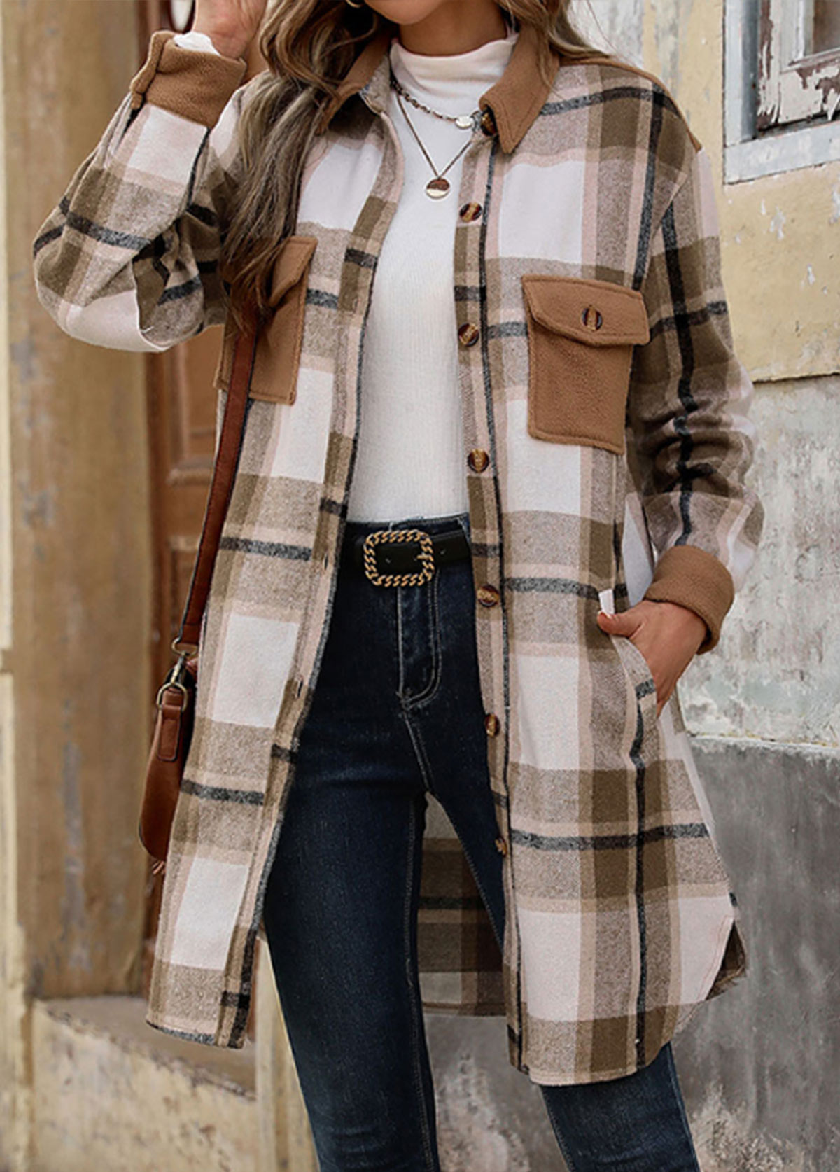 Light Coffee tops,Plaid tops,Geometric tops,Button Plaid Light Coffee Turn Down Collar Coat