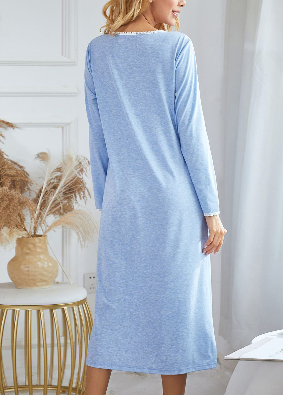 Light Blue loungewear,Contrast Color loungewear,Light Blue Round Neck Long Sleeve Nightdress