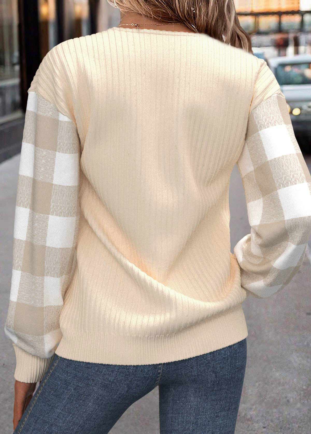 Beige tops,Plaid tops,ROTITA Patchwork Plaid Beige Round Neck Long Sleeve Sweatshirt