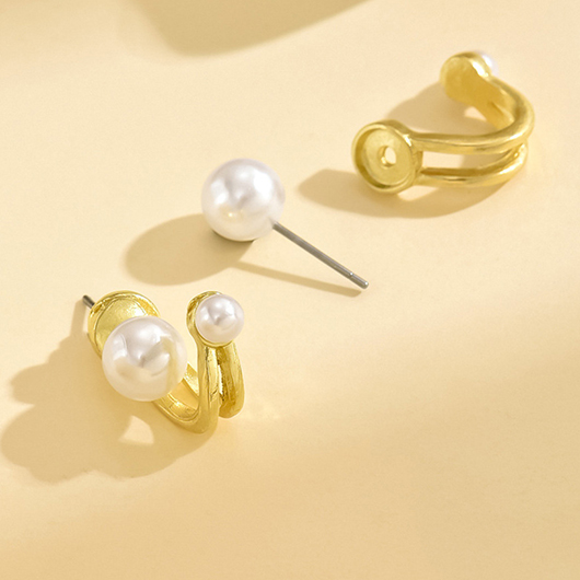 Golden jewelry,Geometric jewelry,Golden Geometric Pearl Design Alloy Earrings