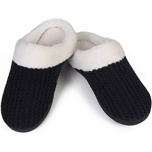 Black shoes,Contrast Color shoes,Black Falt Plush Closed Toe Slippers