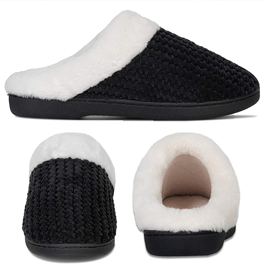 Black shoes,Contrast Color shoes,Black Falt Plush Closed Toe Slippers