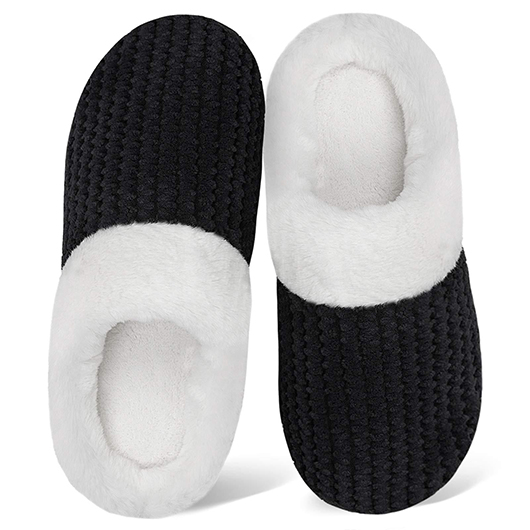 Black shoes,Contrast Color shoes,Black Falt Plush Closed Toe Slippers