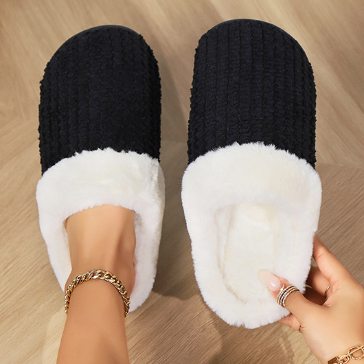 Black shoes,Contrast Color shoes,Black Falt Plush Closed Toe Slippers