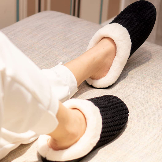 Black shoes,Contrast Color shoes,Black Falt Plush Closed Toe Slippers