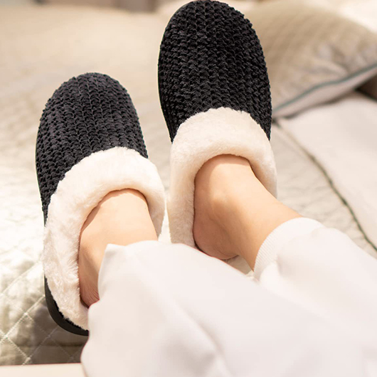 Black shoes,Contrast Color shoes,Black Falt Plush Closed Toe Slippers