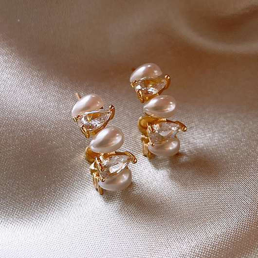 Gold jewelry,Rhinestone Pearl Gold Alloy Detail Earrings