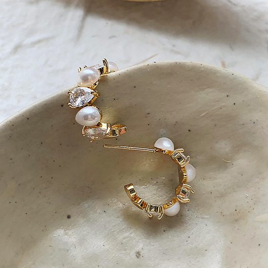 Gold jewelry,Rhinestone Pearl Gold Alloy Detail Earrings