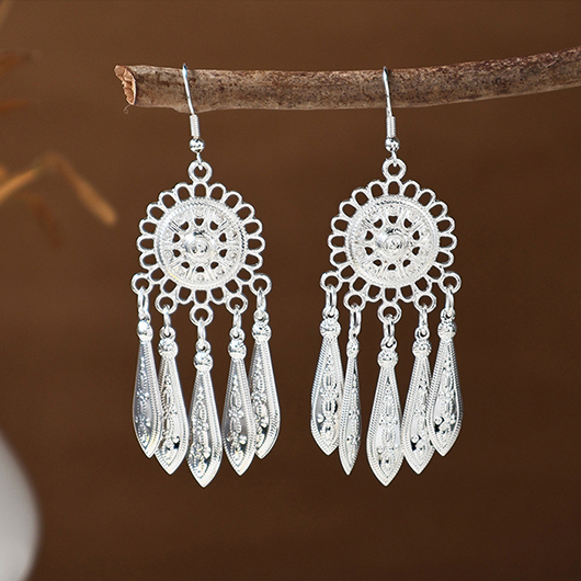 Silver jewelry,Geometric jewelry,Silver Geometric Alloy Tassel Round Earrings