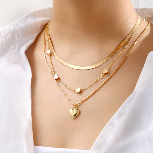 Heart Design Gold Alloy Layered Necklace