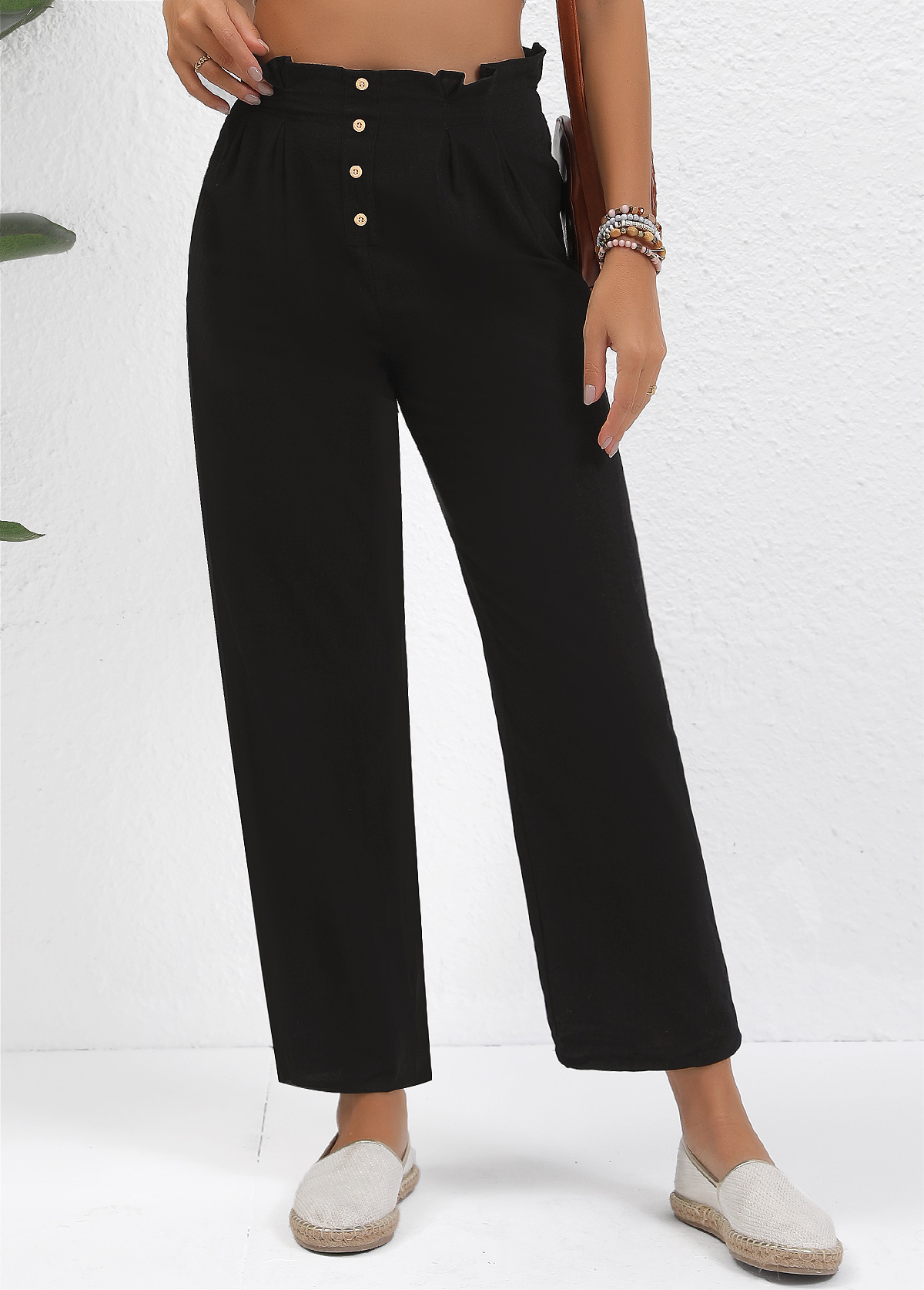 Black bottoms,Plain Color bottoms,ROTITA Button Black Straight Leg Elastic Waist High Waisted Pants