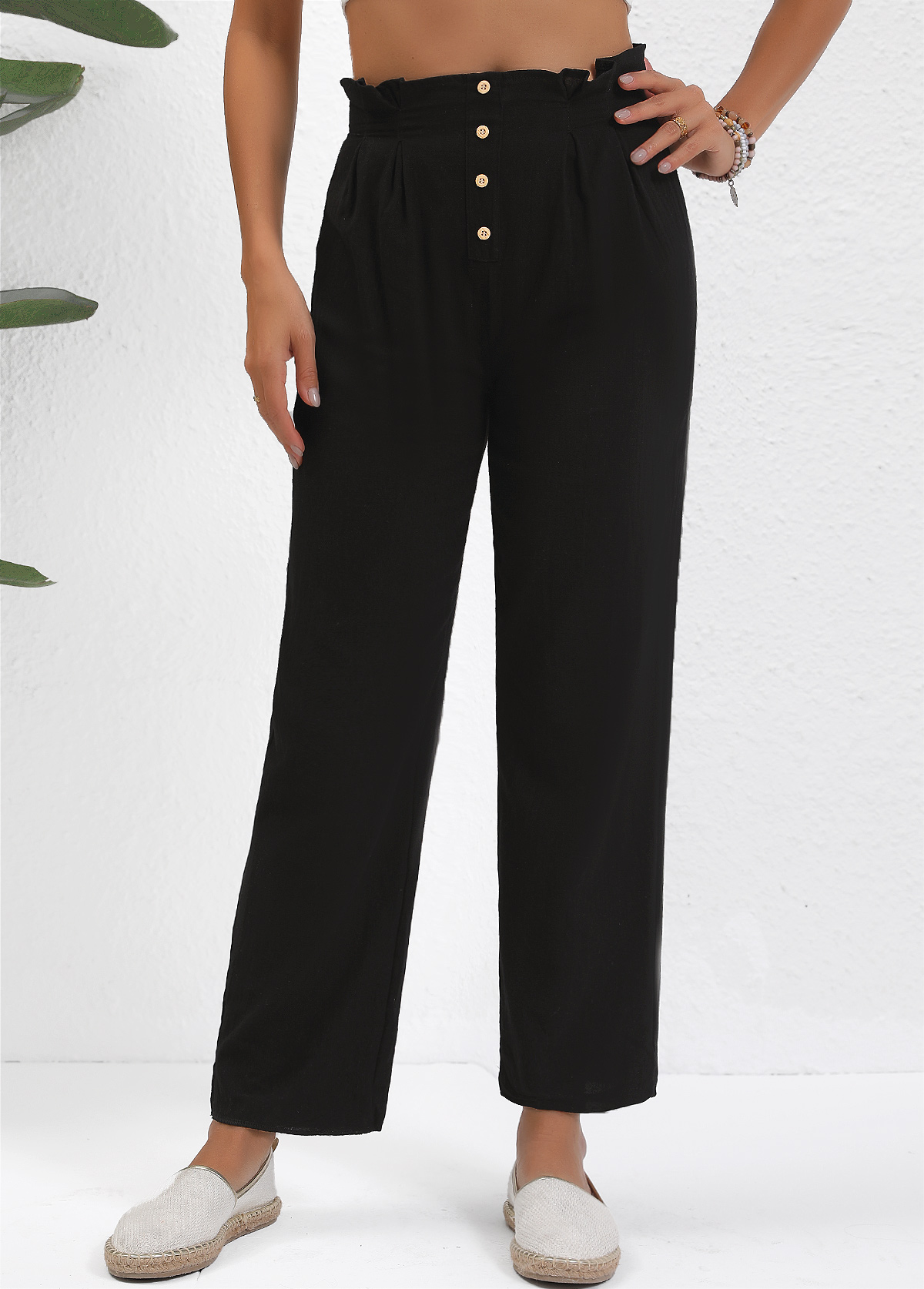 Black bottoms,Plain Color bottoms,ROTITA Button Black Straight Leg Elastic Waist High Waisted Pants