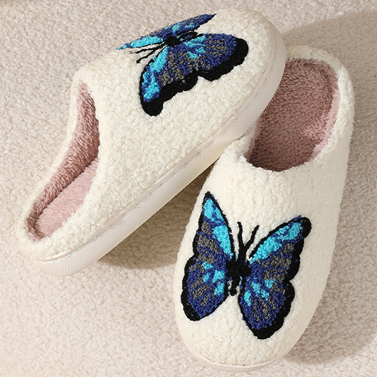 Beige shoes,Animal Print shoes,Butterfly Print Beige Falt Closed Toe Slippers
