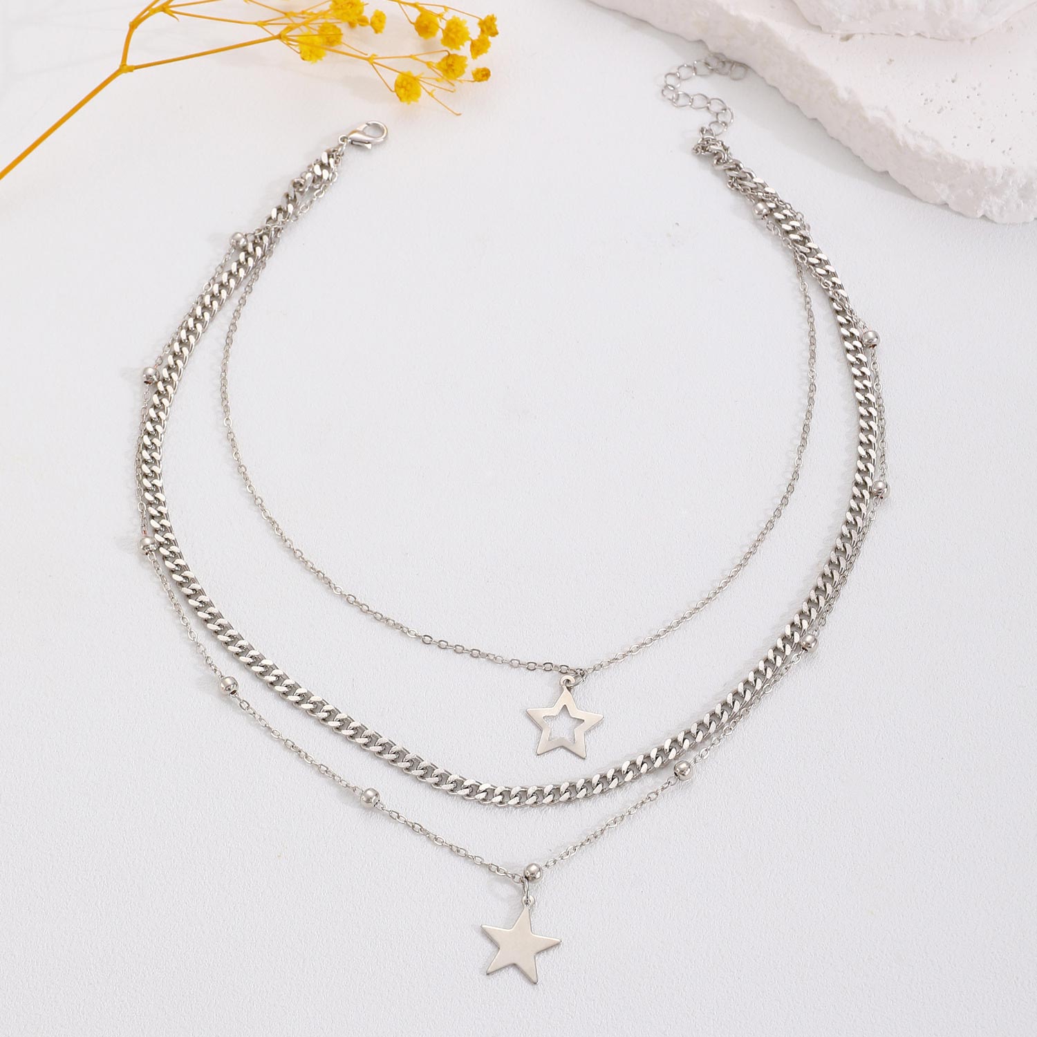 Silver jewelry,Star Layered Design Silver Iron Necklace