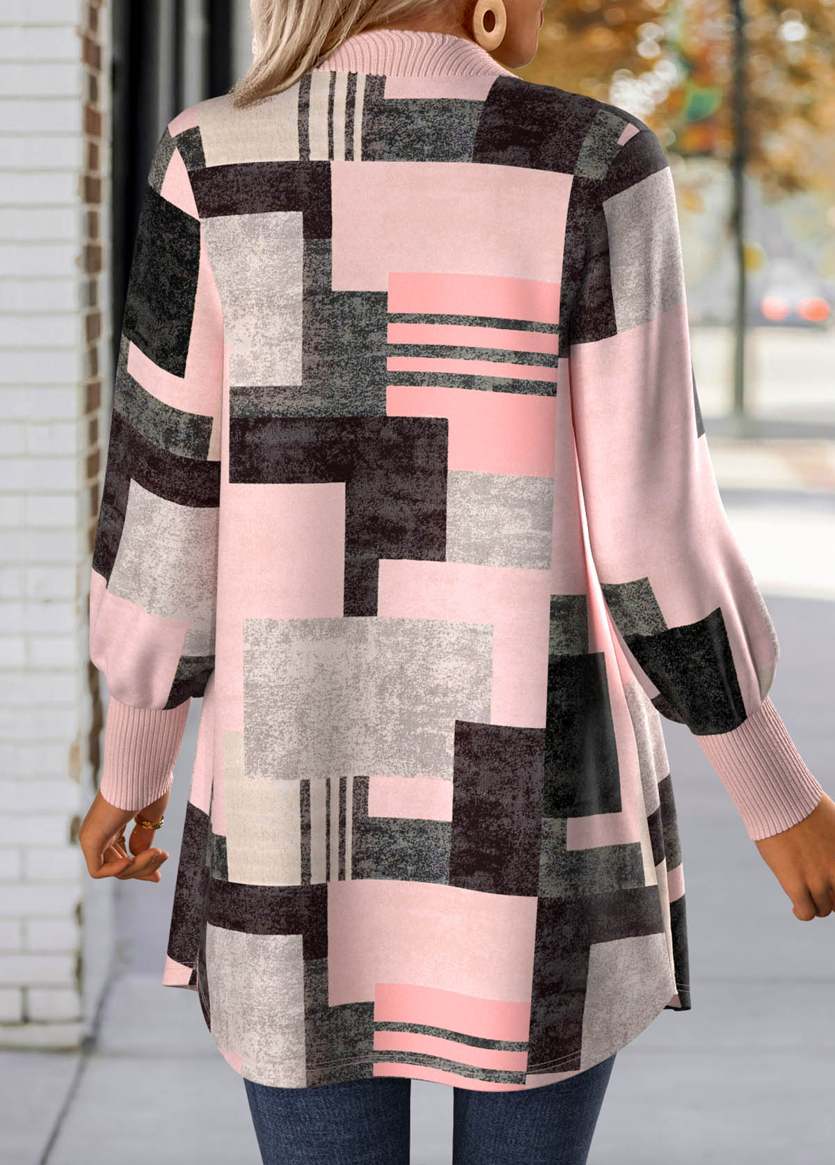 Light Pink tops,Geometric tops,ROTITA Button Geometric Print Light Pink Long Sleeve Coat