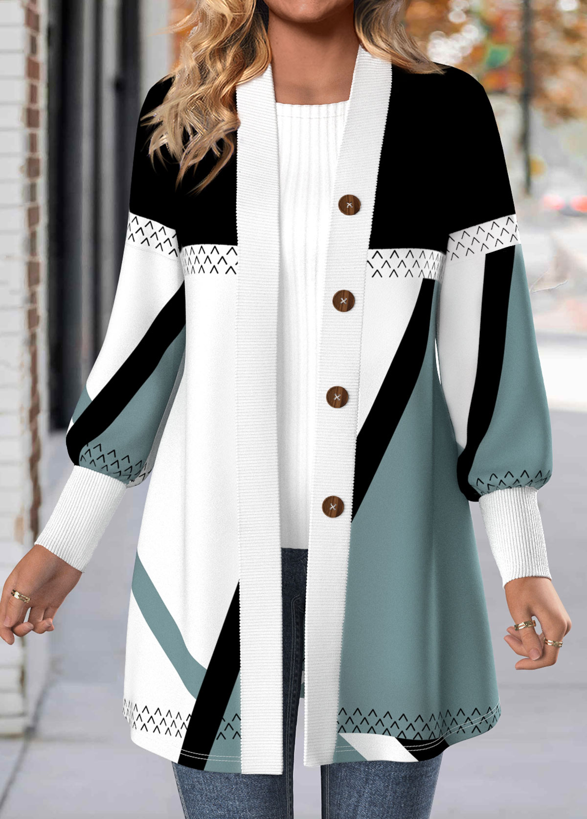 Multi Color tops,Geometric tops,ROTITA Button Geometric Print Multi Color Long Sleeve Coat