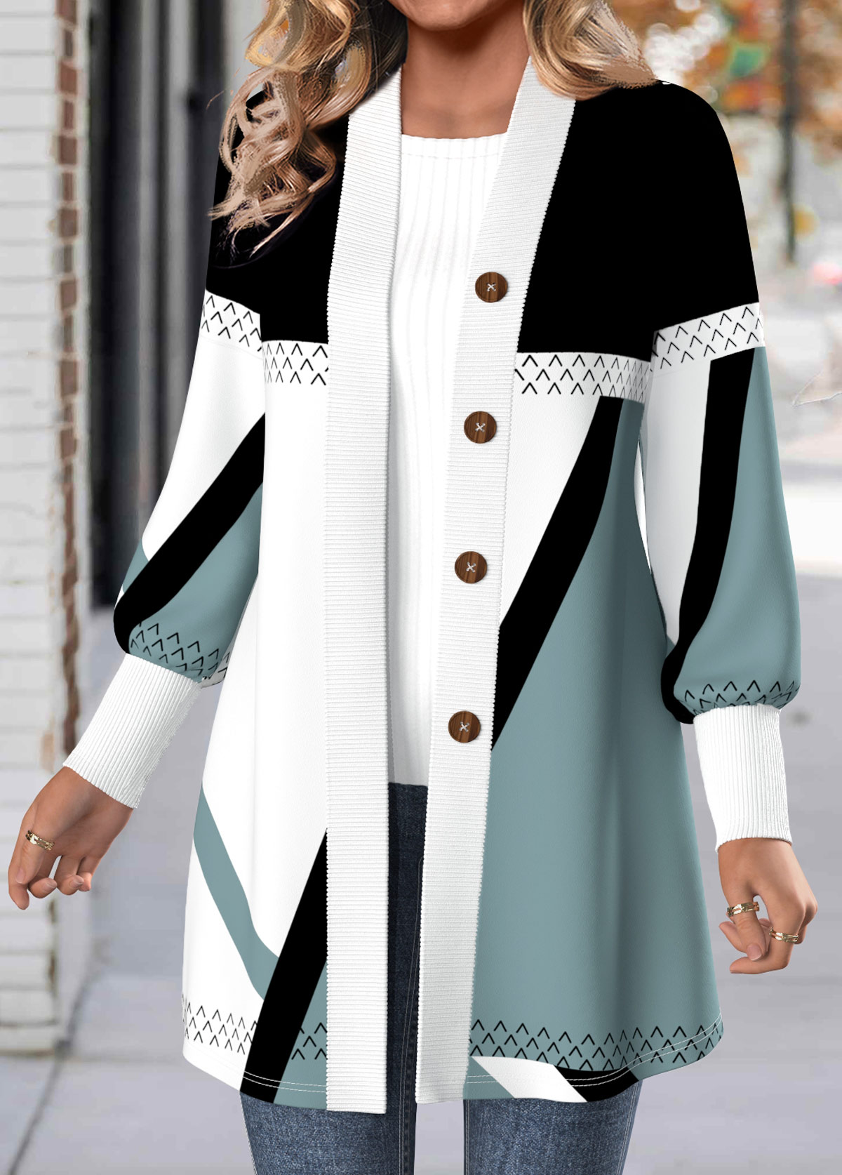 Multi Color tops,Geometric tops,ROTITA Button Geometric Print Multi Color Long Sleeve Coat