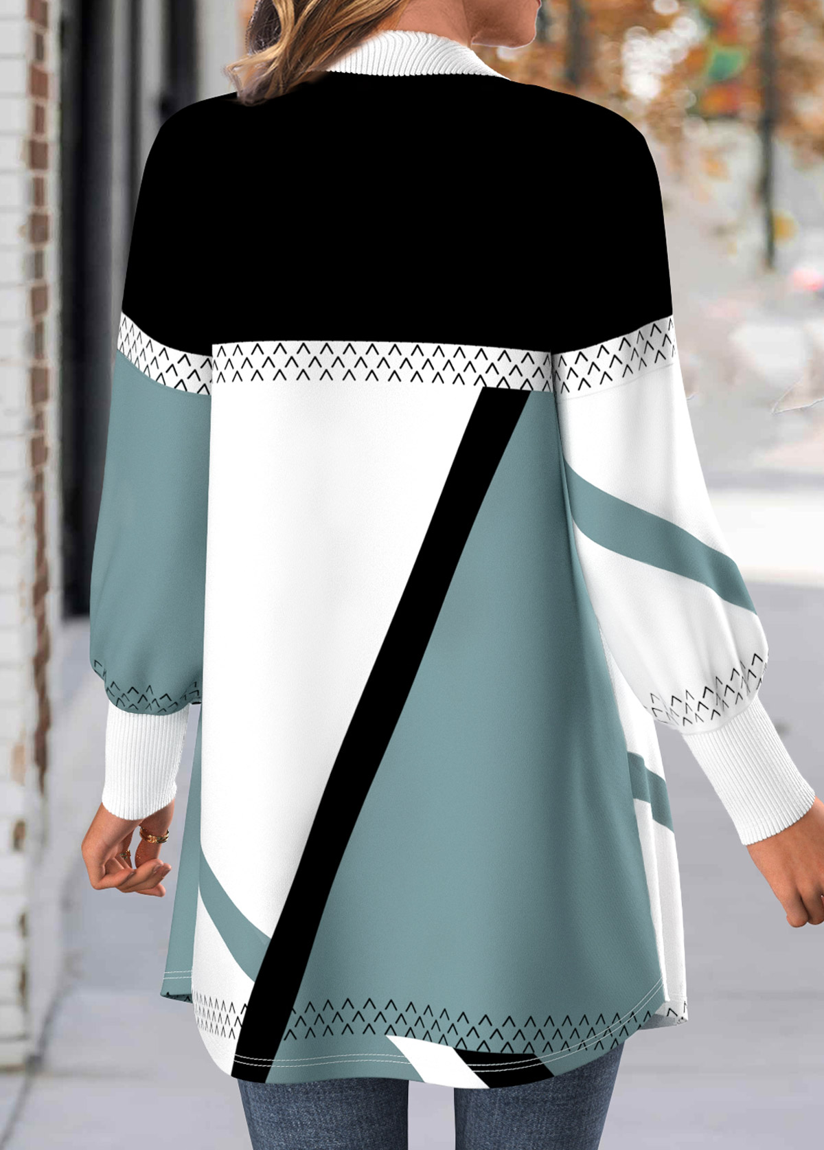 Multi Color tops,Geometric tops,ROTITA Button Geometric Print Multi Color Long Sleeve Coat