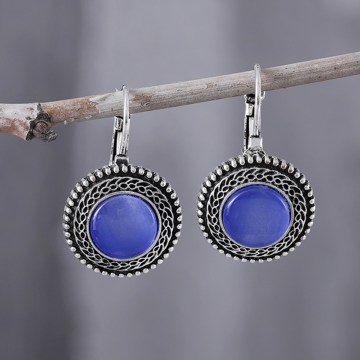 Dark Blue jewelry,Round Dark Blue Alloy Detail Earrings
