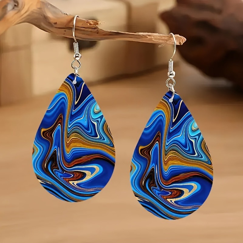 Dark Blue jewelry,Droplet Dark Blue Wood Detail Earrings