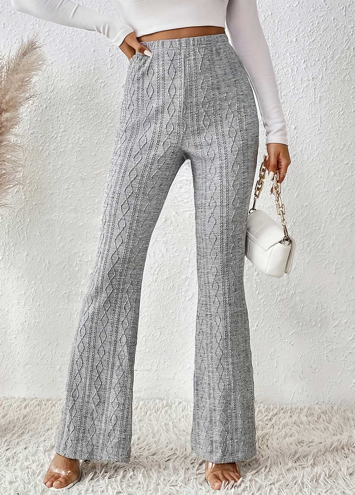 pantalon évasé à taille élastique en tissu texturé gris