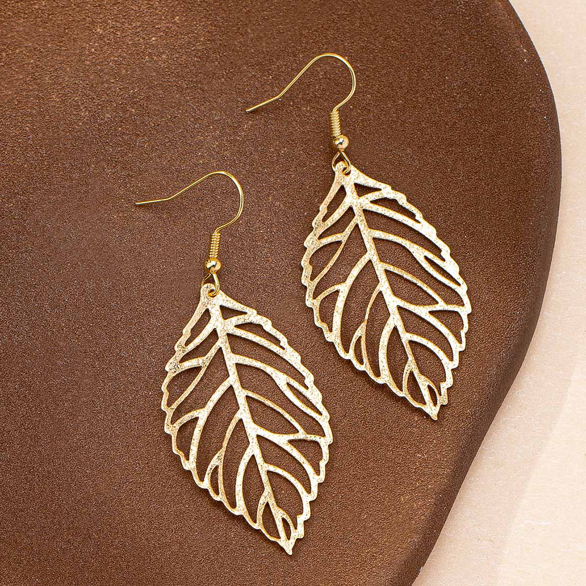 Golden jewelry,Plants jewelry,Leaf Golden Iron Hollow Design Earrings