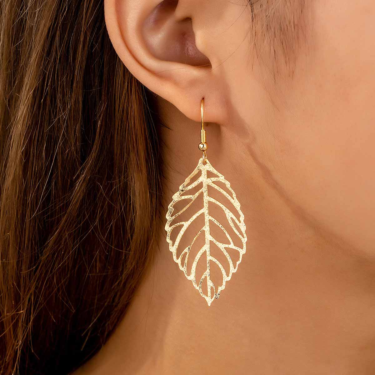 Golden jewelry,Plants jewelry,Leaf Golden Iron Hollow Design Earrings