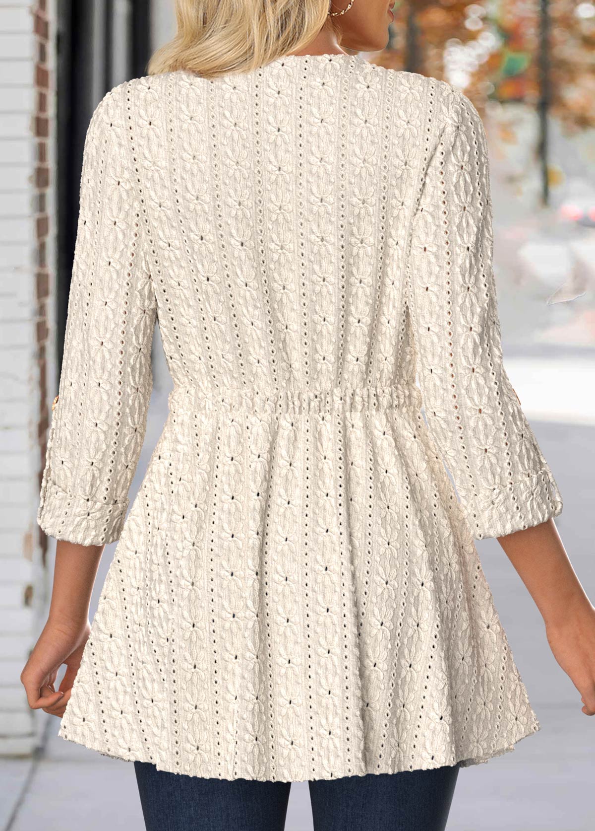 Beige tops,Plain Color tops,ROTITA Lace Beige Round Neck 3/4 Sleeve Coat