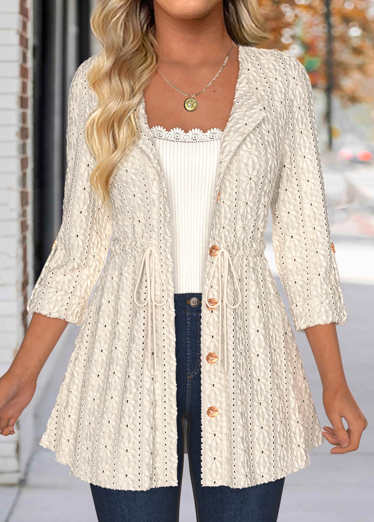 Beige tops,Plain Color tops,ROTITA Lace Beige Round Neck 3/4 Sleeve Coat