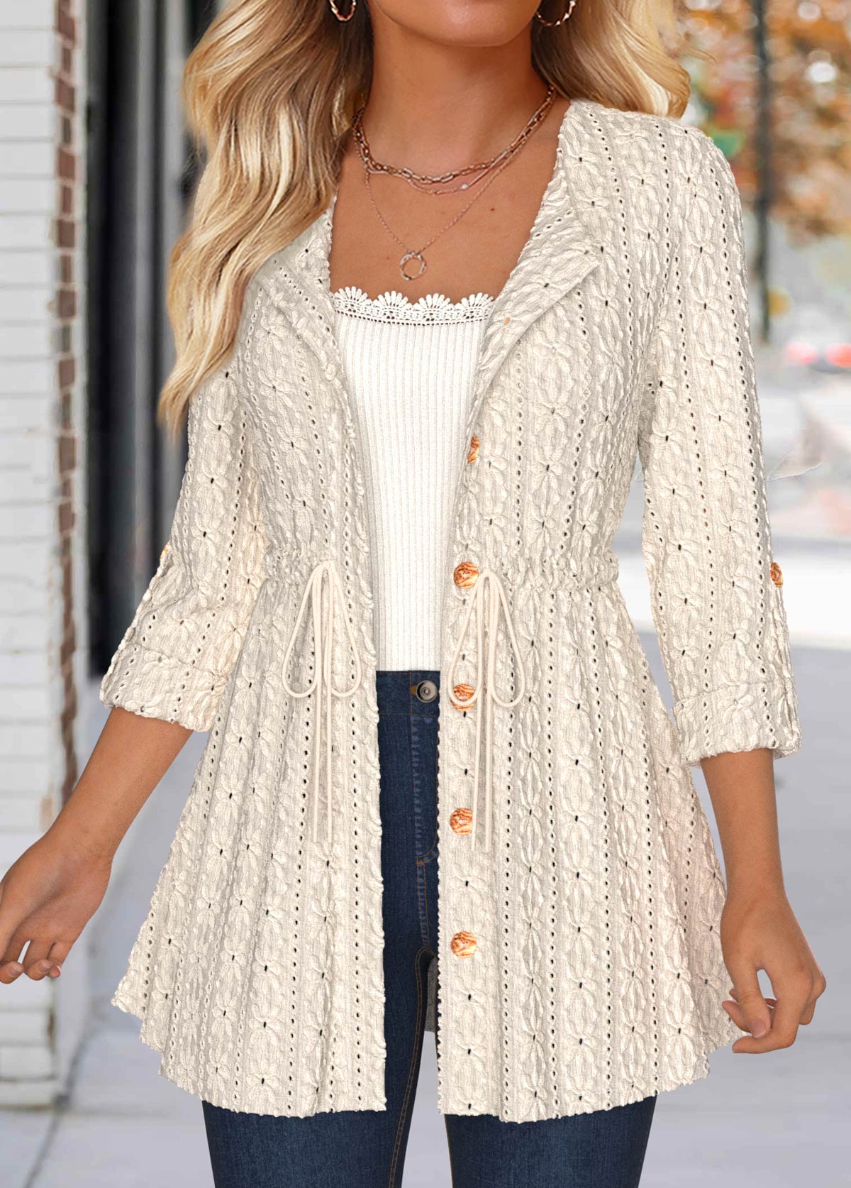 Beige tops,Plain Color tops,ROTITA Lace Beige Round Neck 3/4 Sleeve Coat