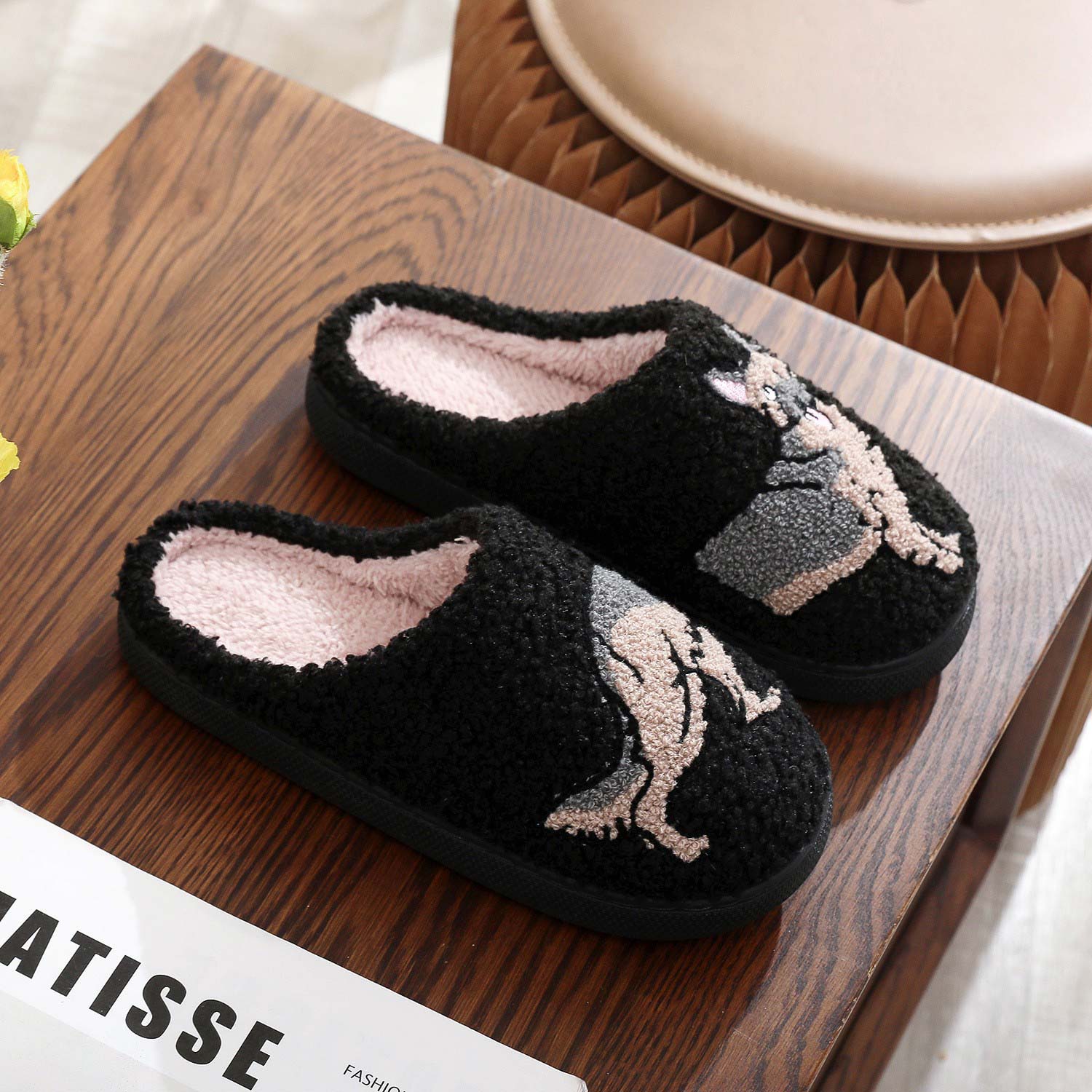 Black shoes,Contrast Color shoes,Black Falt Tweed Round Toe Slippers