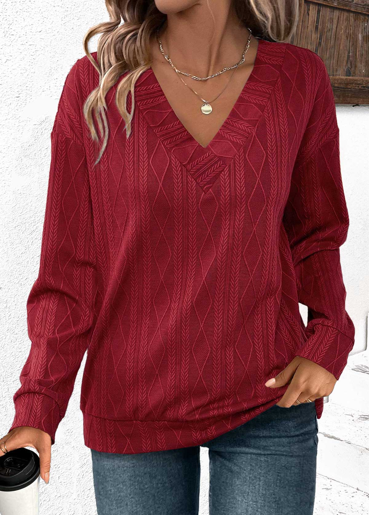 Wine Red tops,Plain Color tops,ROTITA Jacquard Wine Red V Neck Long Sleeve Sweatshirt