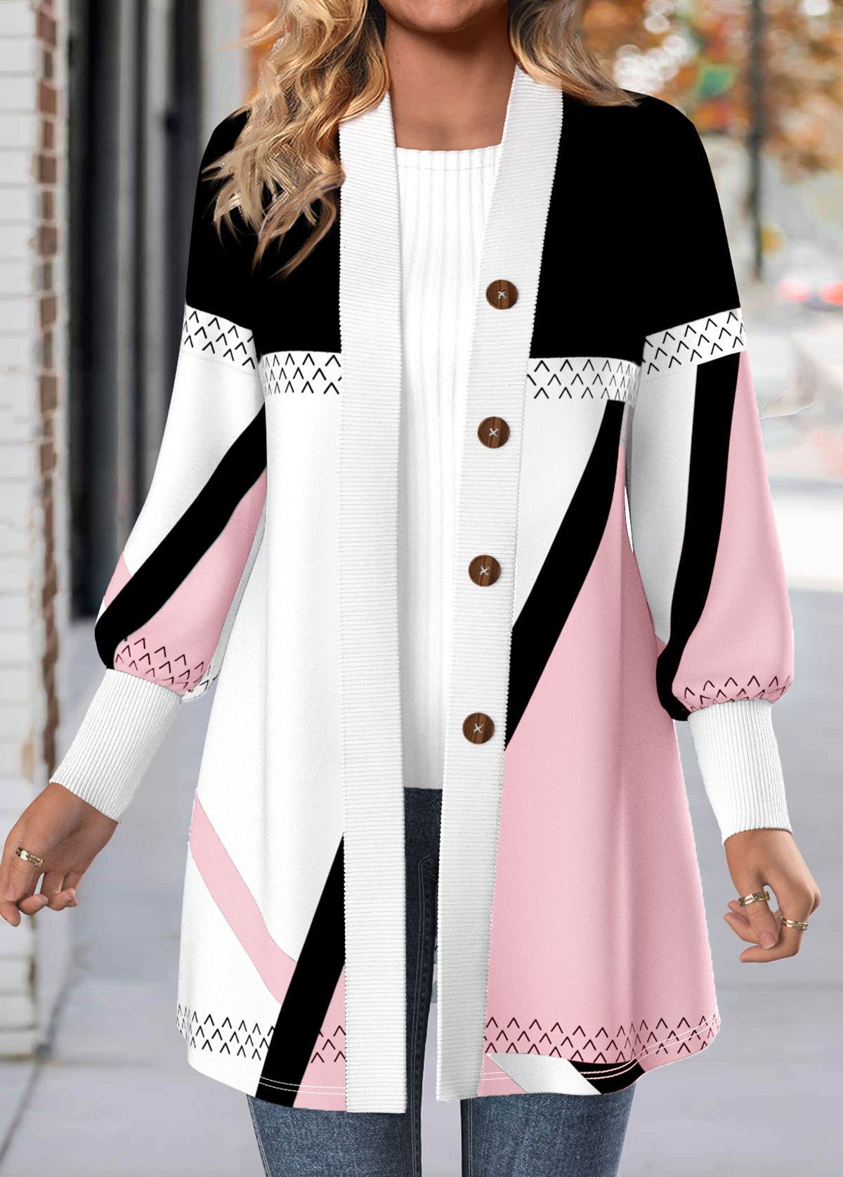 Light Pink tops,Geometric tops,ROTITA Button Geometric Print Light Pink Long Sleeve Coat