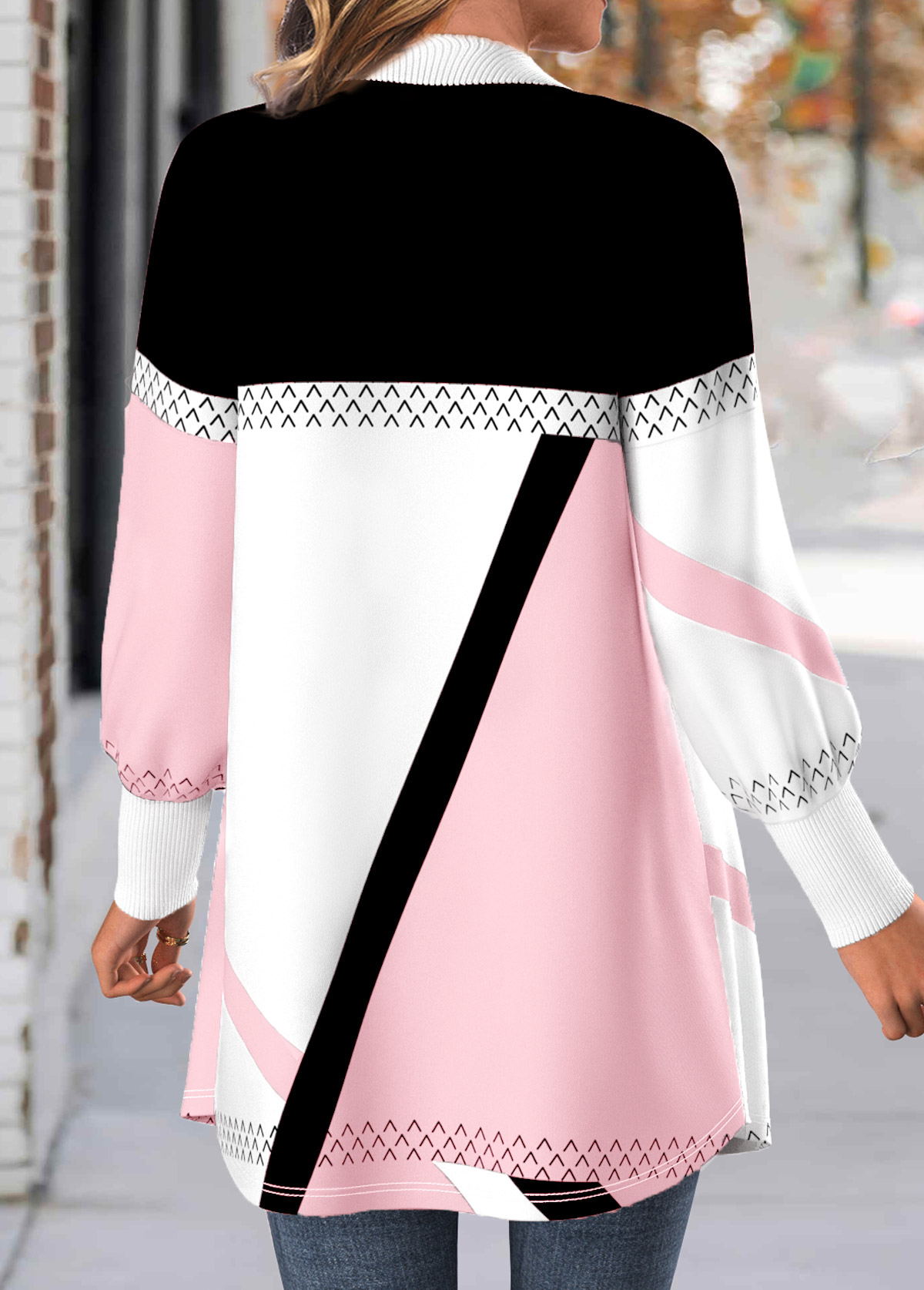 Light Pink tops,Geometric tops,ROTITA Button Geometric Print Light Pink Long Sleeve Coat