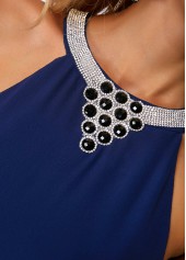 Royal Blue dresses,Plain Color dresses,Party dresses,Elegant dresses,ROTITA Embellished Neck Chiffon Overlay Blue Dress