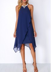 Royal Blue dresses,Plain Color dresses,Party dresses,Elegant dresses,ROTITA Embellished Neck Chiffon Overlay Blue Dress