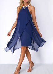 Royal Blue dresses,Plain Color dresses,Party dresses,Elegant dresses,ROTITA Embellished Neck Chiffon Overlay Blue Dress