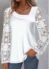 White tops,Plain Color tops,ROTITA Lace White Asymmetrical Neck Long Sleeve Blouse