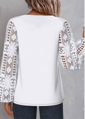 White tops,Plain Color tops,ROTITA Lace White Asymmetrical Neck Long Sleeve Blouse
