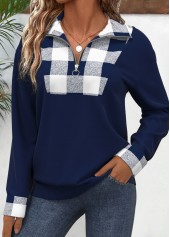Navy plus size,Plaid plus size,Striped plus size,Geometric plus size,ROTITA Plus Size Patchwork Navy Plaid Turn Down Collar Sweatshirt