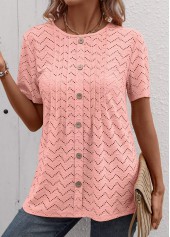 Light Pink tops,Plain Color tops,Tuck Stitch Light Pink Round Neck T Shirt